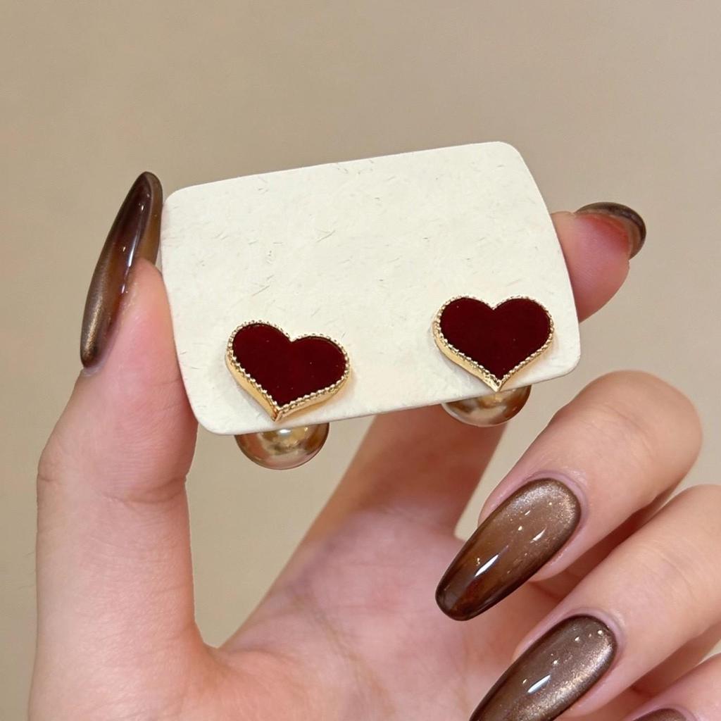 Elegant French Red Heart Pearl Stud Earrings - Versatile Two-Way Wear for Women