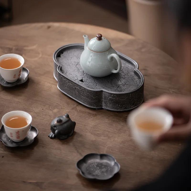 Reinzinn Alter Topf Tablett Retro Japanischer Stil Kung Fu Teegeschirr Trockenguss Tisch Teeteller Wassertropfenbehälter Teetablett Teetisch
