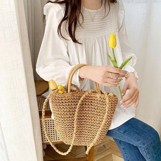 Women Shirt Round Neck Lantern Long Sleeve Pullover Tops Solid Color Loose Fit Ruffle Trim Pleated