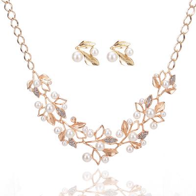Fashion Necklace Ear Stud Set Newmond Pearl Leaf Personal Temperament Necklace Earrings Set