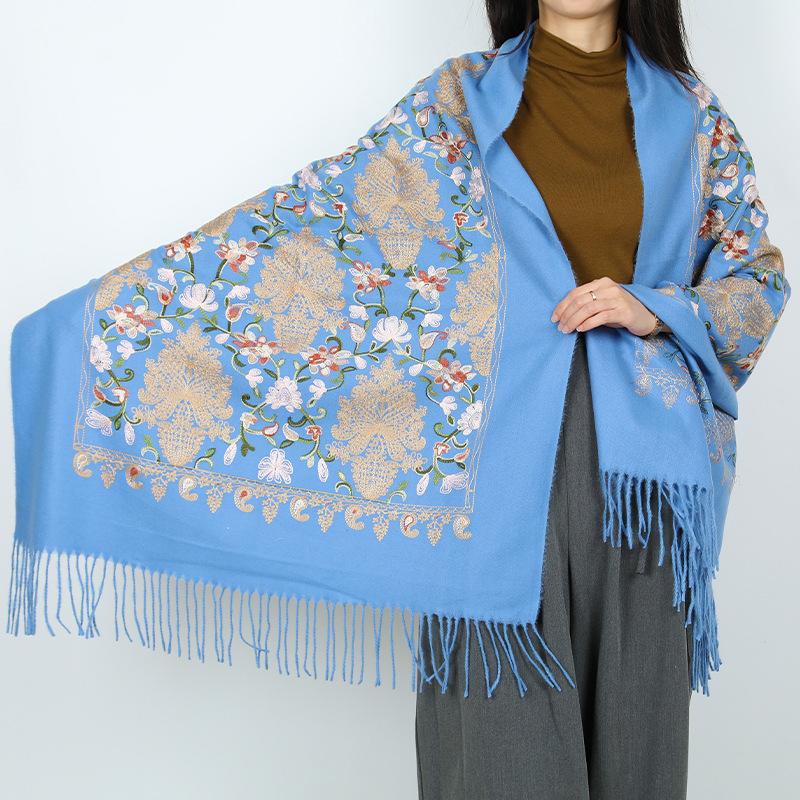 New embroidered women's scarf travel wear with fringed ethnic flowers outside with shawl windproof warm scarf