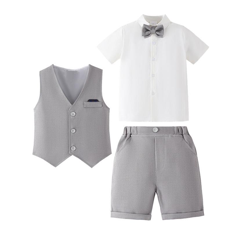 Boys' British Style Summer Formal Three-Piece Set: Short-Sleeve Vest, Shorts, and Bow Tie