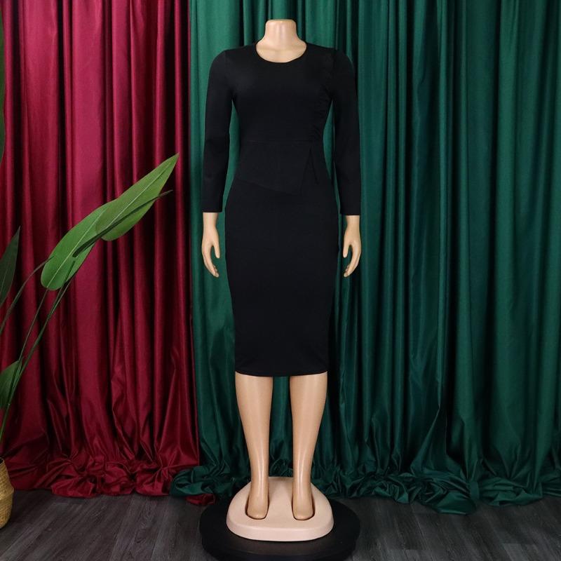 Women Elegant Office Long Sleeve High Waist Solid Bodycon Pencil Midi Dress