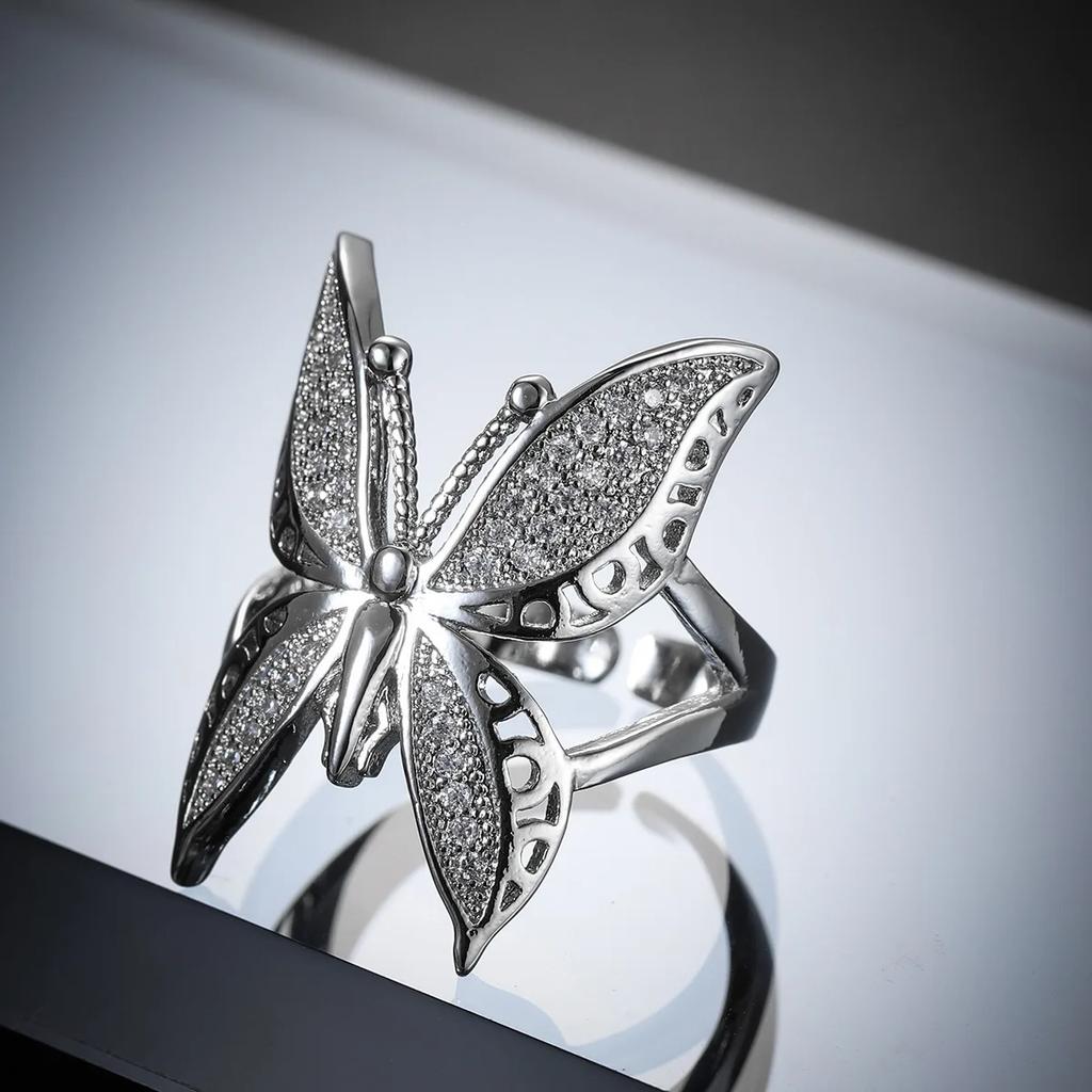 Cute Female Big Butterfly Zircon Stone  Sterling Silver Open Ring Simple Wedding Ring Stamp Love Engagement Sterling Ring