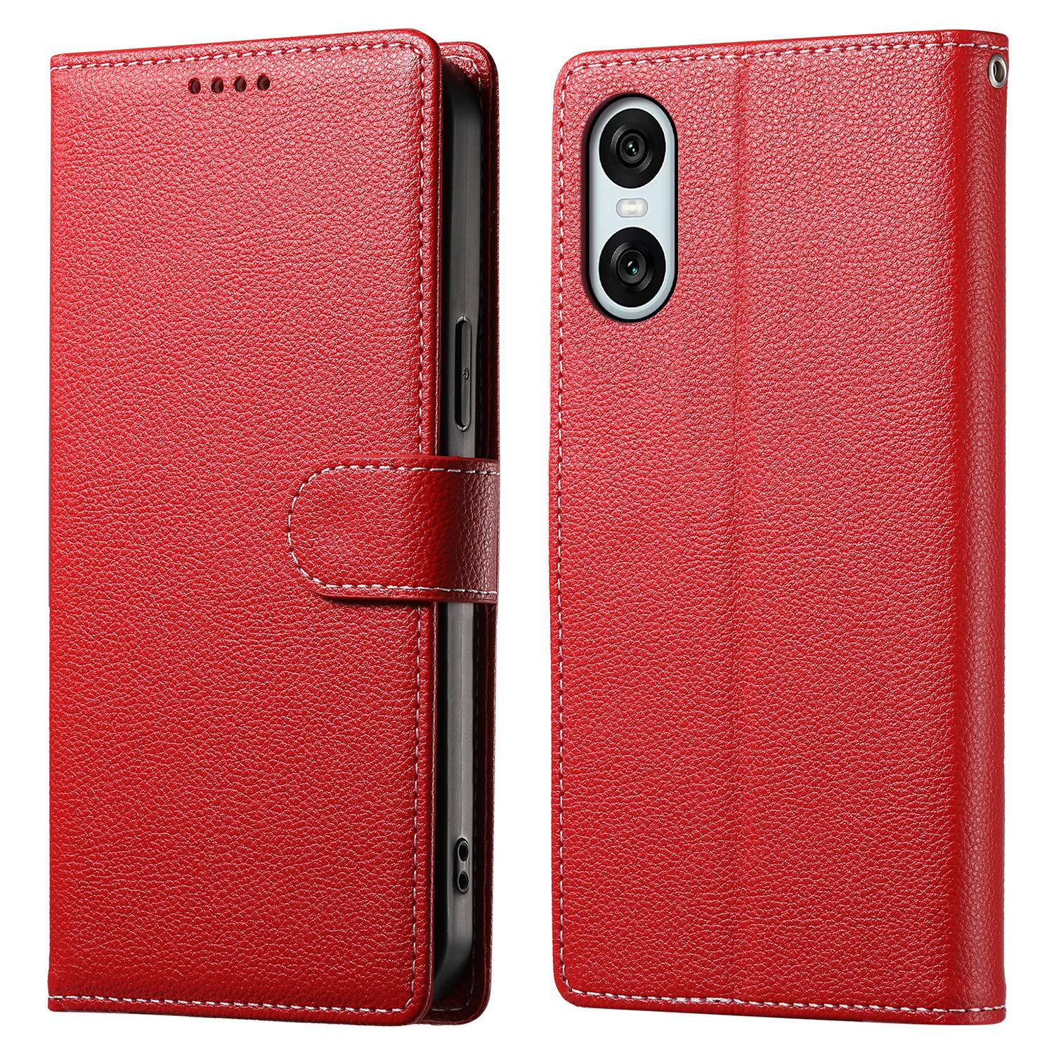 

Чехол-подставка для Sony Xperia 10 VI, кожаный кошелек с текстурой личи, чехол для телефона с магнитной застежкой Red