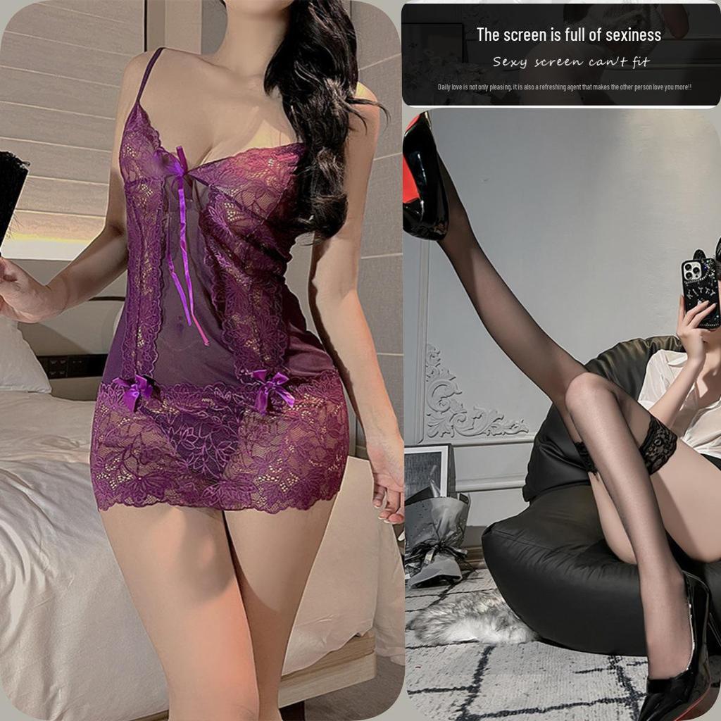 Purple See-Through Lace Lingerie: Role Play Temptation Suspender Suit