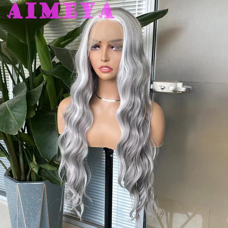 AIMEYA Light Grey Lace Front Wig White Highlights for Women Girls Long Body Wave Heat Resistant Synthetic Lace Wigs Daily Use
