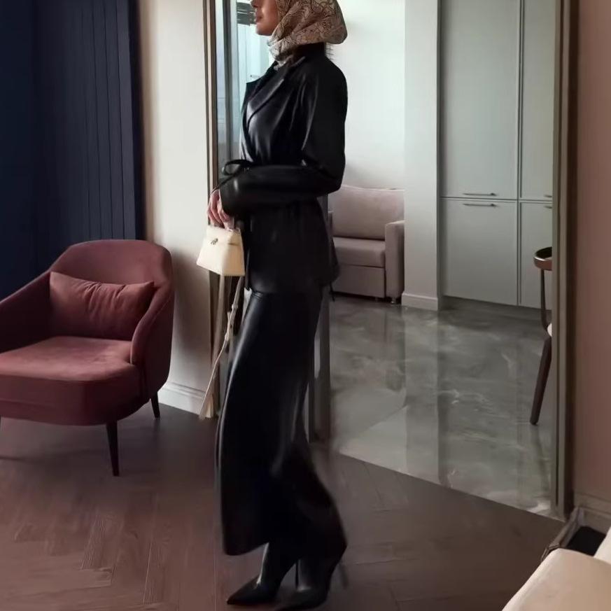 2026 autumn new European and American women's clothing cross-border long-sleeved waist suit top high waist hip skirt two-piece set