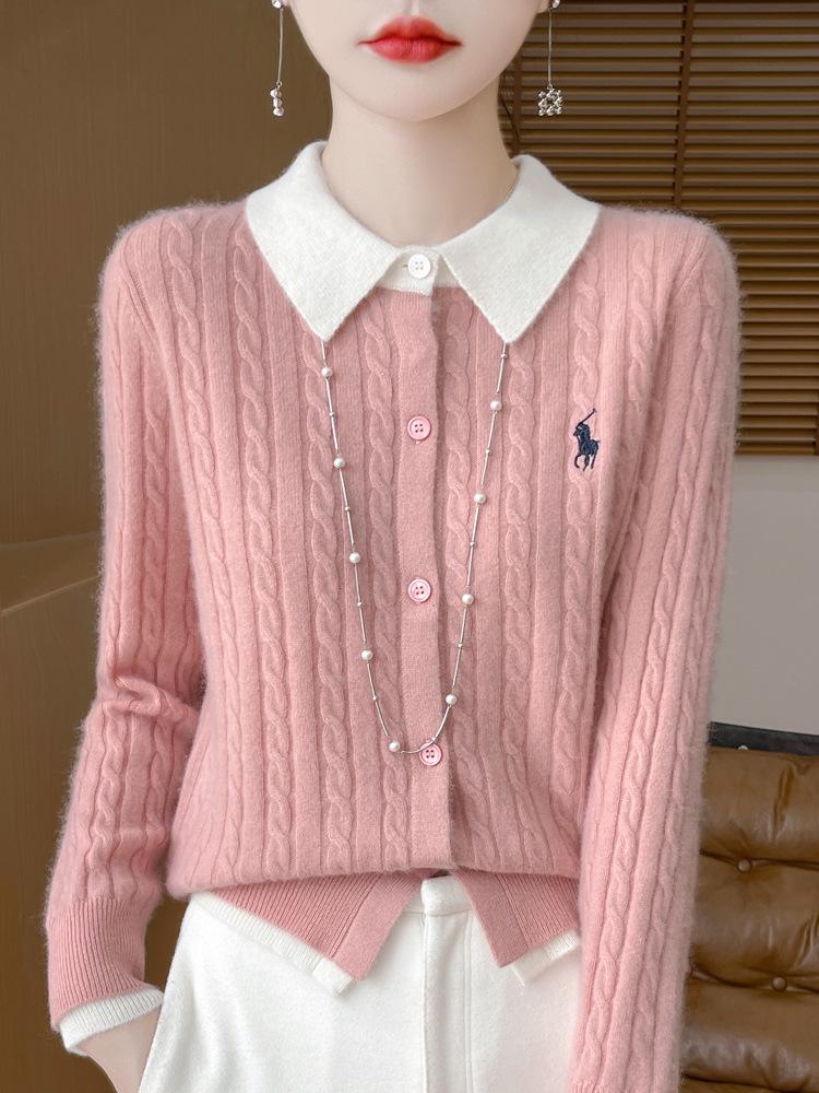 2025 Autumn/Winter Women's Pure Wool Embroidered Cable Knit Cardigan - Turn-Down Collar, Long Sleeve, Button-Up, Loose Fit Outerwear.