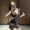 Sexy Leopard Print V-neck Dress Fashion Cross Irregular Dress Temperament Dress