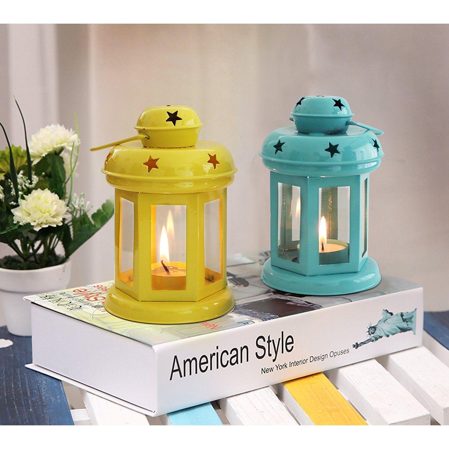 

Набор из 2 подвесных подсвечников-фонарей для чайных свечей для обеденного стола, украшения для дома - предметы декора для домашнего декора (Желтый и Синий) - Декор - Подарки