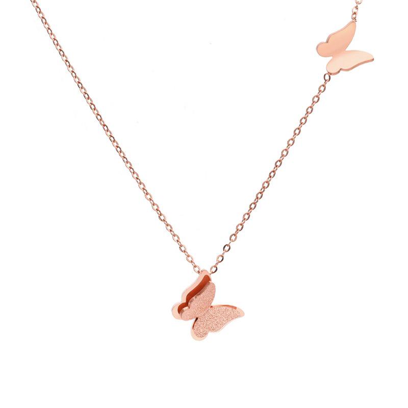 Women's Titanium Steel Gold-Plated Double Butterfly Pendant Necklace - Frosted, Colorfast, Lightweight, Trendy Design.