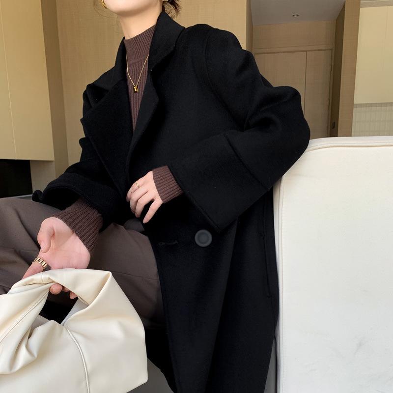 

Женское пальто из 100% шерсти двустороннее длинное с пиджачным воротником - Свободный крой, стиль халата для осенне-зимней моды. XL (suitable for 140-170 jin)