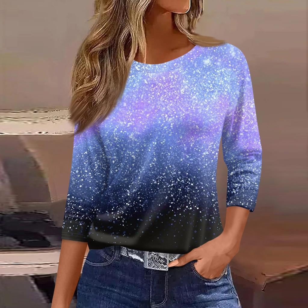 Moda damă ocazional decolteu rotund mâneci 3/4 tricou imprimat largi Top dama