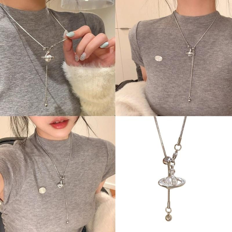 Elegant Moon and Star Tassels Long Necklace Adjustable Collarbone Chain for Versatile Styling Alloy Neck Jewelry