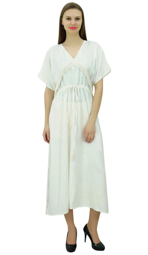 Bimba Rayon Solid Pattern Caftan Maxi Dress Women's Night Gown Kimono Dress
