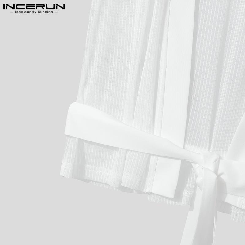 INCERUN Men Summer Short Sleeve Open Front Mesh Sheer See Through Tops T-shirts