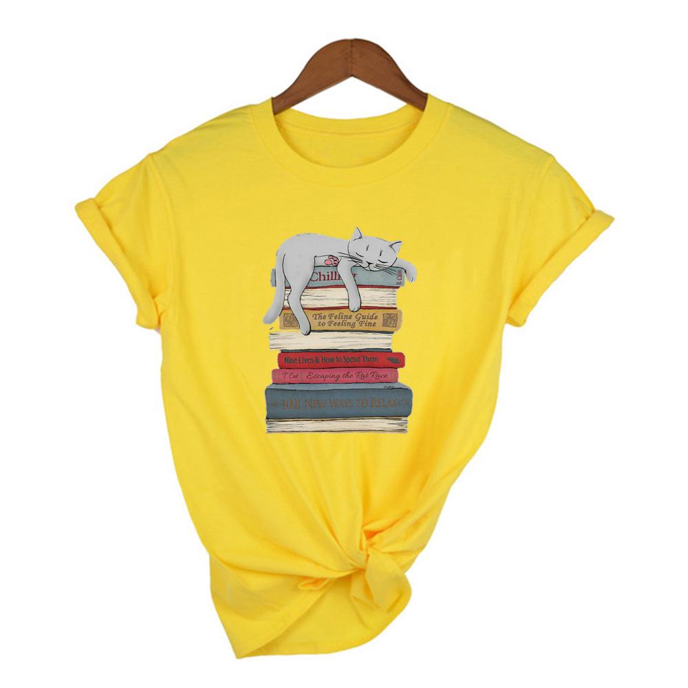 Sleeping Cat And Book Graphic Tees Women Harajuku Summer Short Sleeve T Shirt Streetwear Tumblr Female