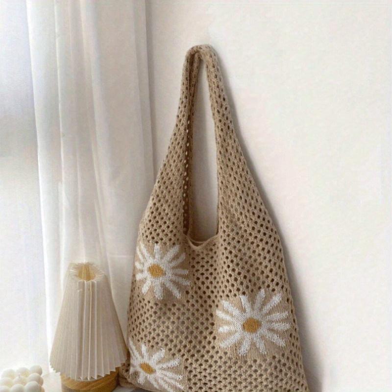 Large Capacity Floral Pattern Crochet Tote Bag - Fashionable Y2K Design, Soft Fabric Lining, Printed Pattern