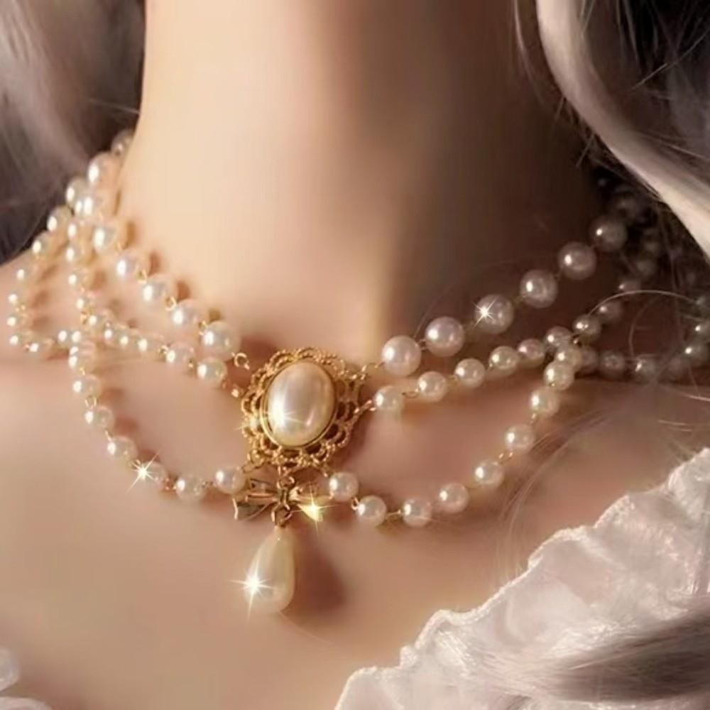 Bowknot Pendant Imitation Pearl Necklace Palace Style Bridal Jewelry Accessories  Gift S