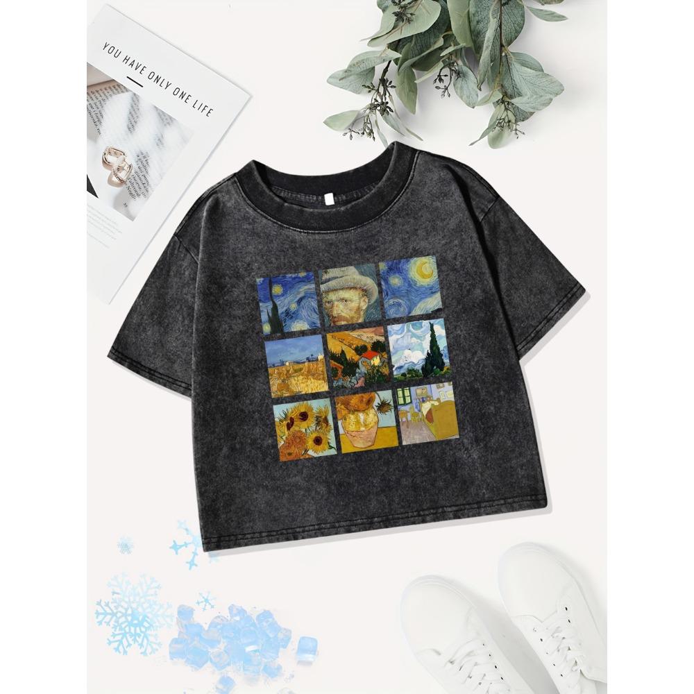 Sexy Cotton Crop Tops Women Van Gogh'S Starry Night Sunflowers Prints Washed T-Shirt Fit Tees Summer Clothes