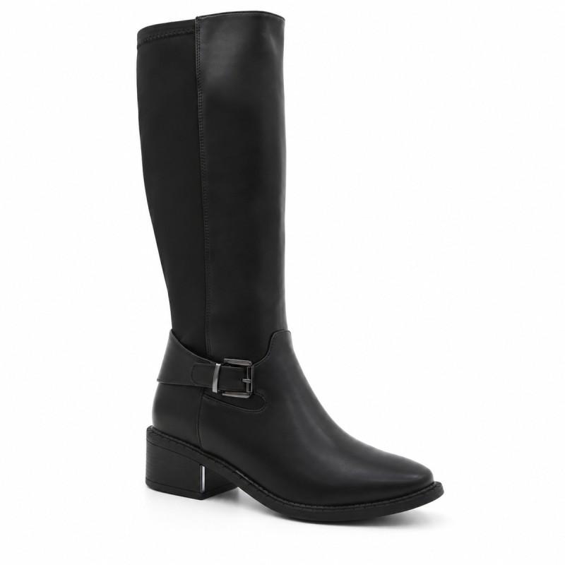 Bota Alta Negra Con Hebilla Y Tacón Bajo Montevita Bro32 105514