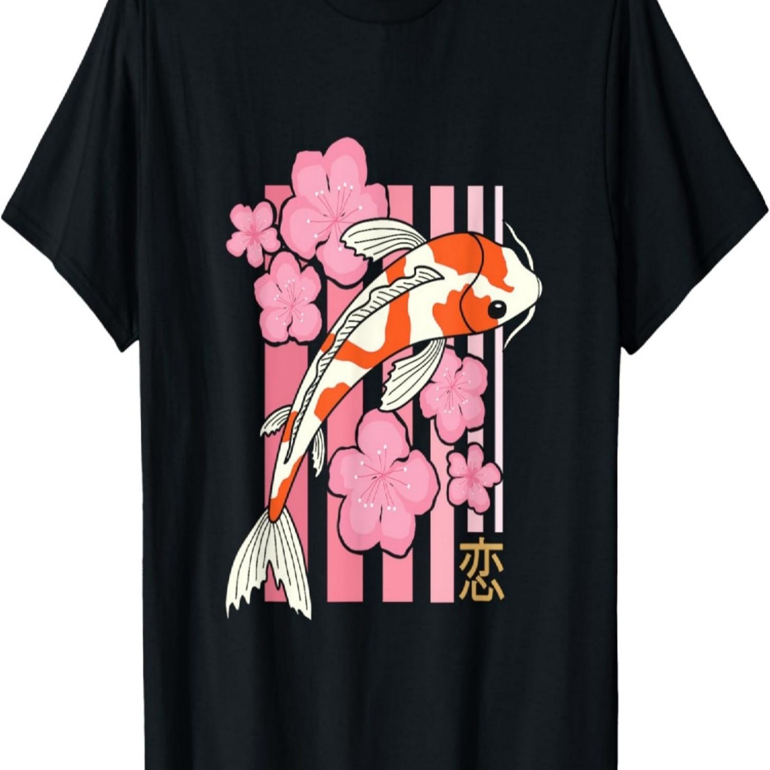 

Футболка с изображением рыбы кои, карпа, нисикигои, цветущей сакуры(40) S чёрный