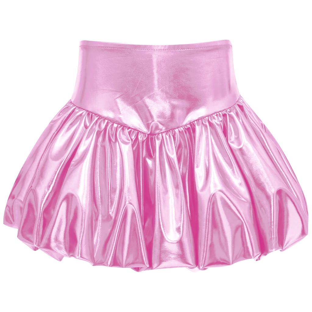 Girls Metallic Bubble Skirt Elastic Waistband Shiny Bud Skirt Sparkly Performance Costume