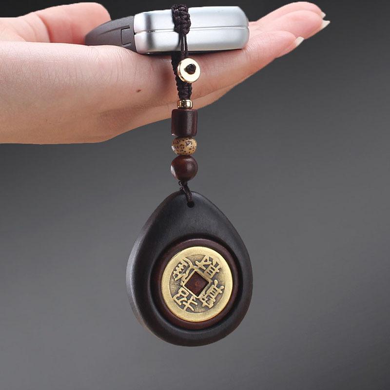 Natural Ebony Copper Coin Car Keychain Men's and Women's Retro High-end Bag Hanging Handle Piece Rotatable Pendant Pendant