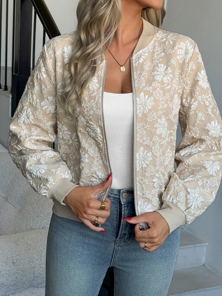Women Autumn Winter Jacquard Zipper Jackets Elegant Loose Casual Tops Coat