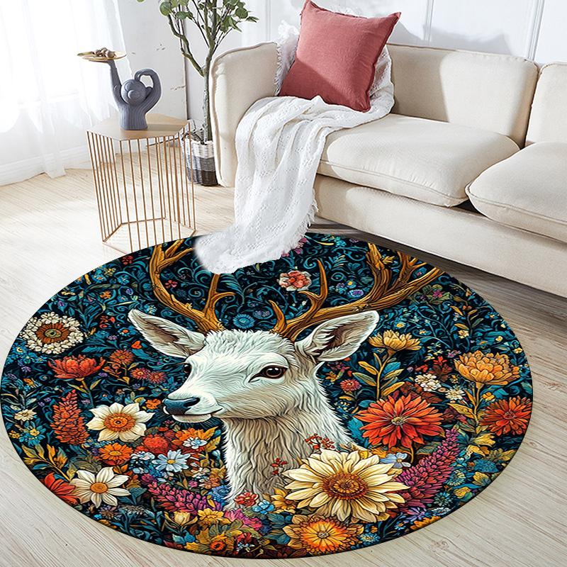 Deer Floral Round Area Rug,Carpet Rug for Living Room Bedroom Sofa Playroom Decor,Non-slip Floor Mat