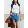 Summer Women's Clothing Asymmetric Design Perforated Hole Decoration Loose Plaid High Waist Denim Shorts 4060006
