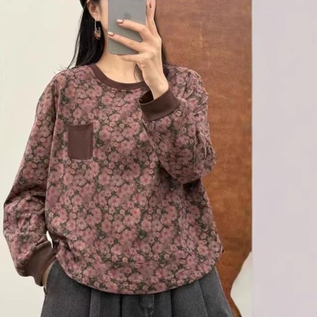 Women's Casual Spring Print Long Sleeve Cotton Pullover Top