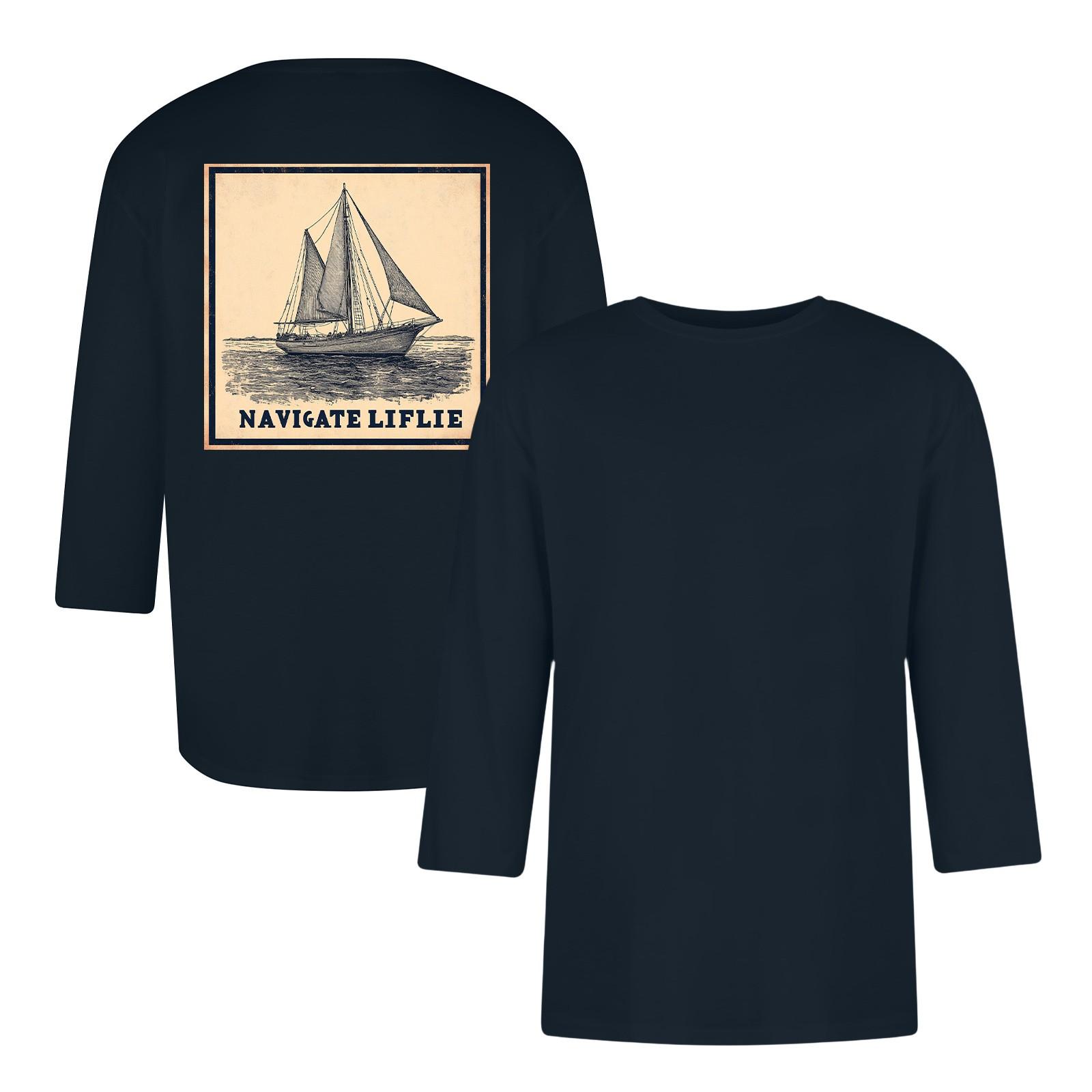 

Мужская повседневная и модная футболка с принтом, с круглым вырезом и рукавом три четверти S тёмно-синий