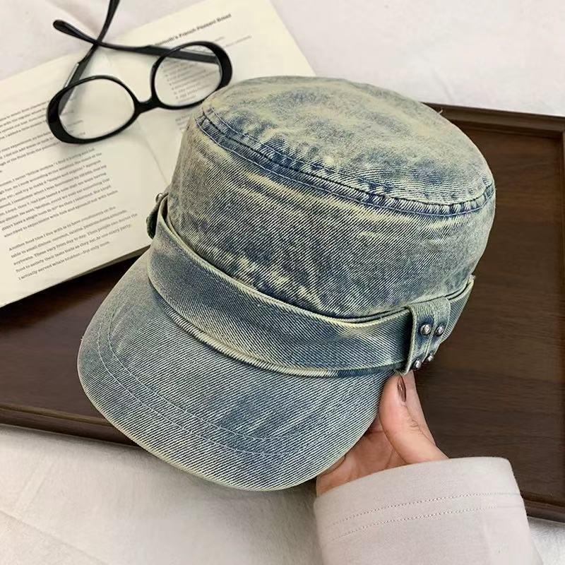 Retro Rivet Washed Denim Flat Top Cap Children Spring And Summer Korean Version Versatile Newsboy Hat Showing Face Small Baseball Bat