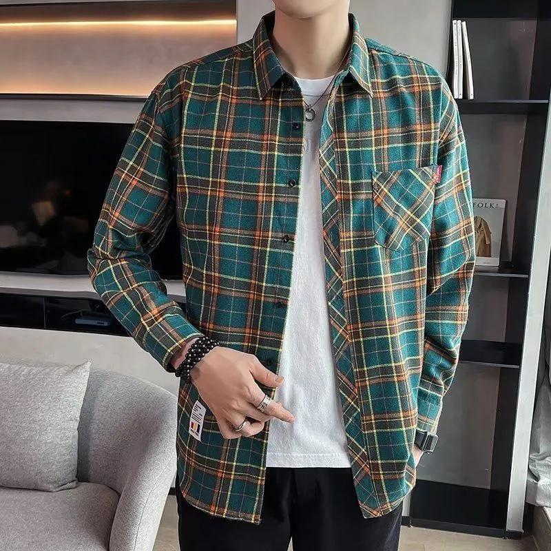 Spring Autumn Men's Long-sleeved Lapel Plaid Shirt Men's Versatile Retro Casual Shirt Blouse Jacket Men's Striped Plaid Shirt
