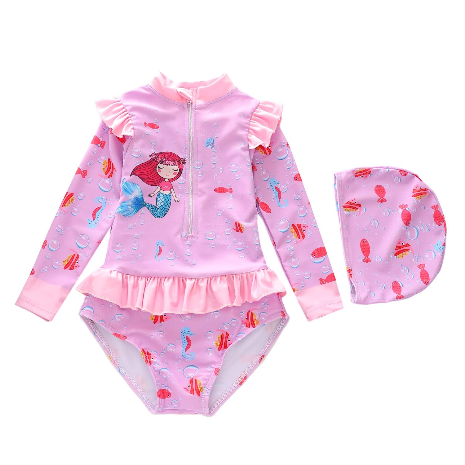 Girls Quick-Dry Long Sleeve Swimsuit - New Style Toddler One-Piece 2XL (110-120cm, 37-45 lbs)