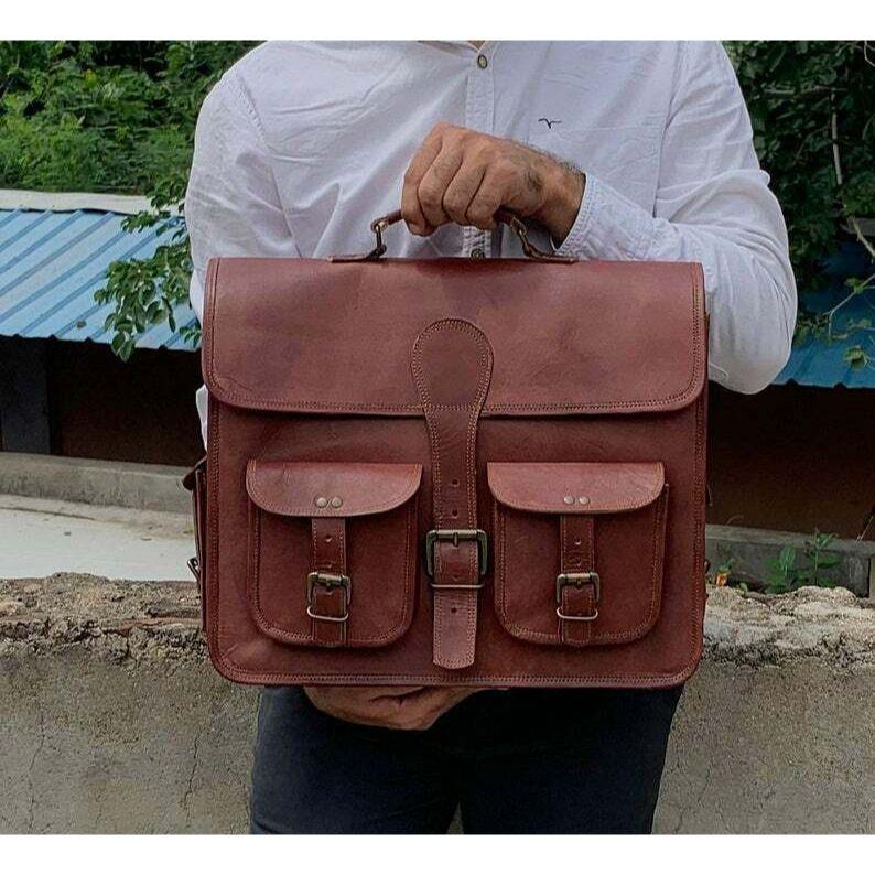 Men's Women's Leather Laptop Briefcase Shoulder Messenger Crossbody Backpack Bag