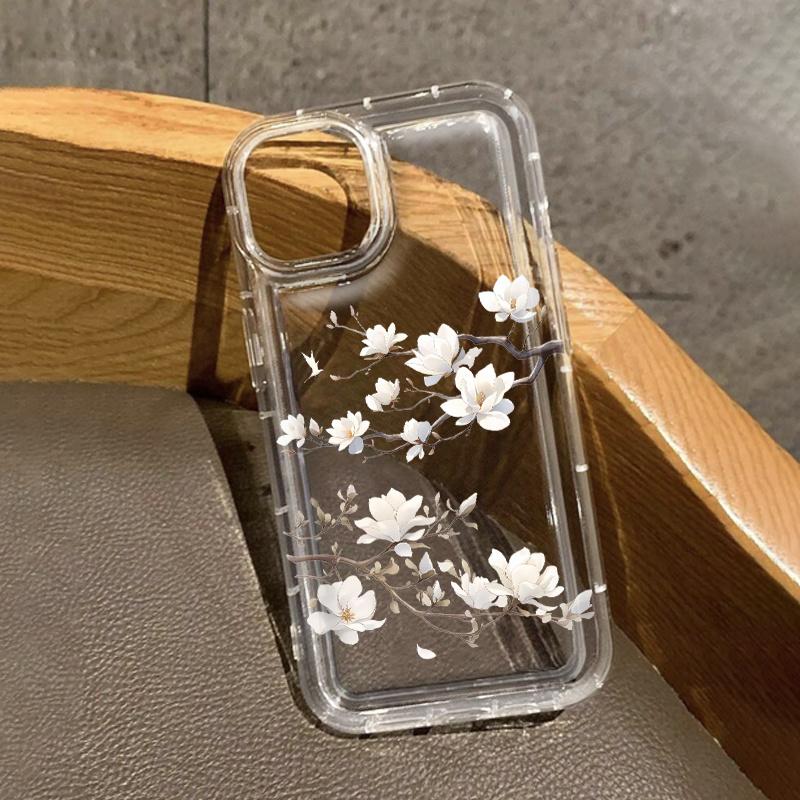Chinese Style Magnolia Flower Clear Phone Case for iPhone 17 Air 16 15 14 13 12 11 Pro Max 14 Plus 16E Shockproof Silicone Cover
