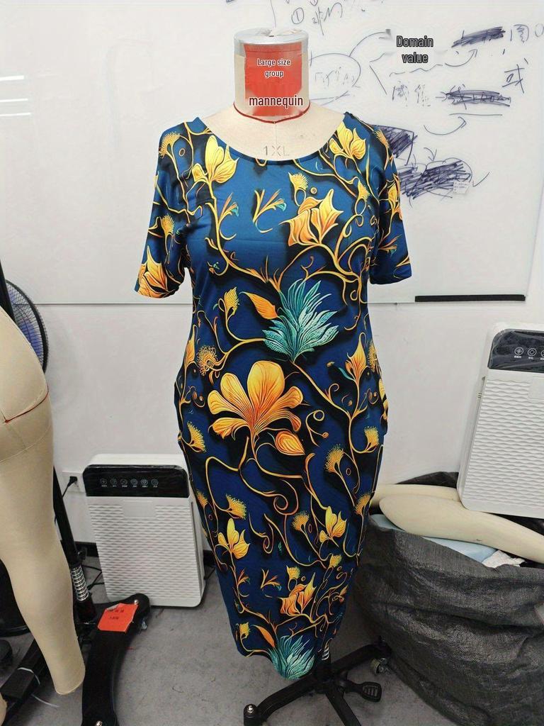 2026 Spring/Summer Women's Elegant Plus Size Printed Short Sleeve Dress - European & American Style