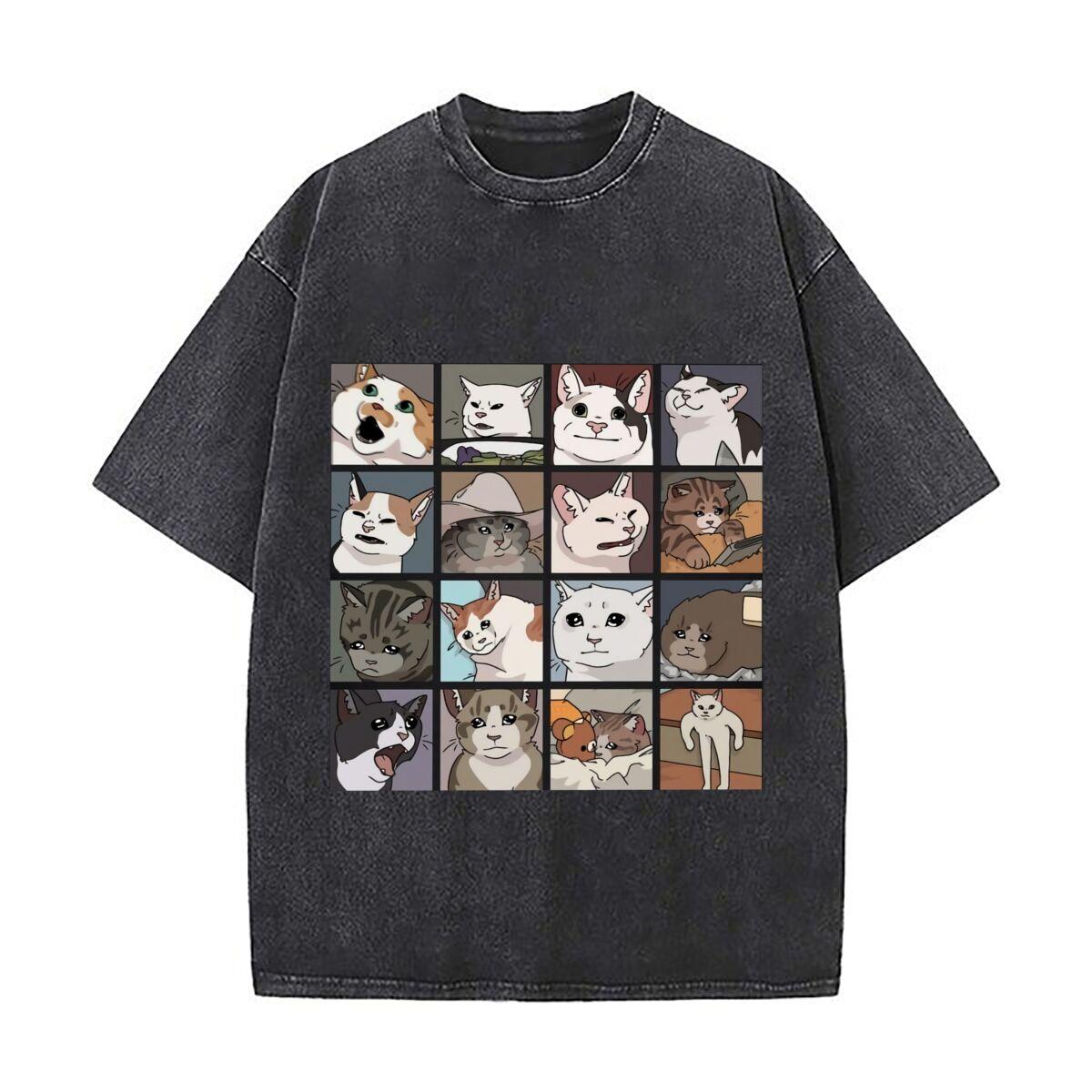 Cat Collage Cute Pet Collection Art Daily Commute Vintage Distressed T Shirt Loose Washed Sleeve S