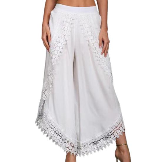 High Waist Wide Leg Pants Nine Length Solid Color Women Casual Trousers With Lace Trim Women Clothing
