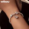 WOSTU 925 Silver Pink Heart Charms Lover Couple Wedding Pendant Opal Beads Fit for Bracelet DIY Valentine Gift