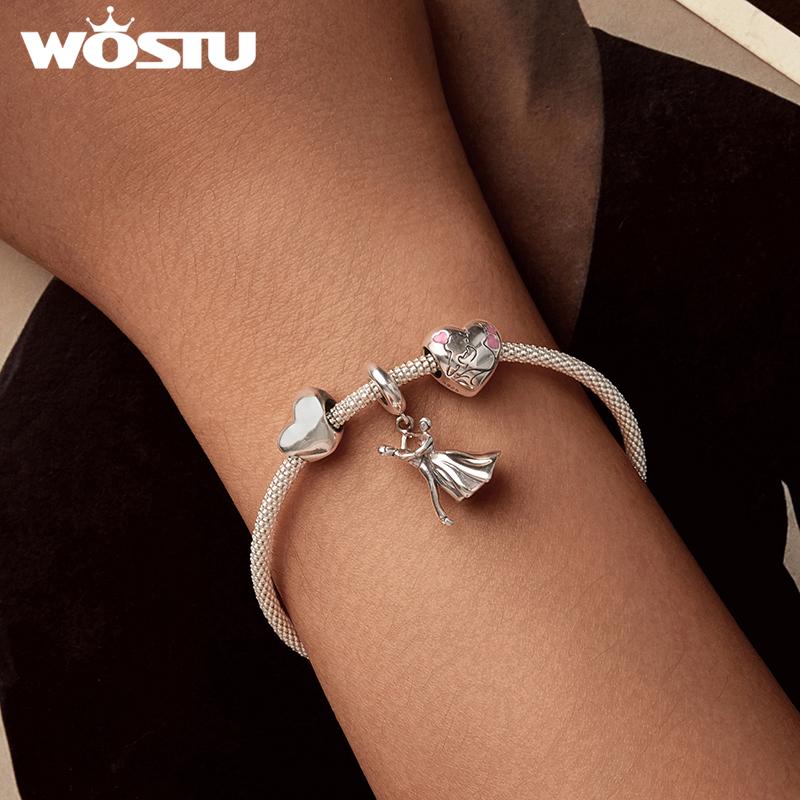 WOSTU 925 Silver Pink Heart Charms Lover Couple Wedding Pendant Opal Beads Fit for Bracelet DIY Valentine Gift