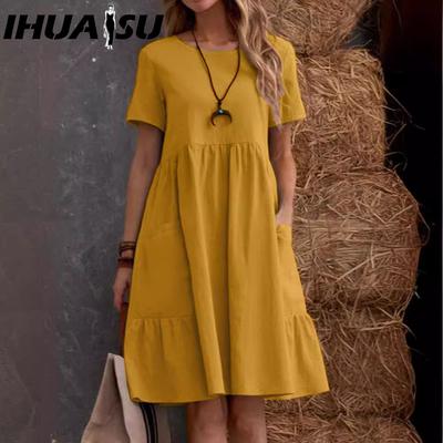 Women's Fashion Summer Spring Solid Color Print O-Neck High Waist Casual Dresses