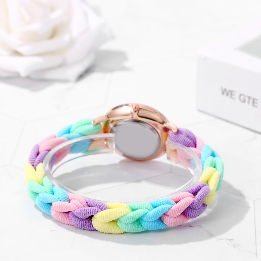 Wristwatch with Braided Hair Colorful Quartz Analog Arabic One Size Fits Casual Day Gift Women's Band, Stretchable, Waterproof Bracelet, Ring,