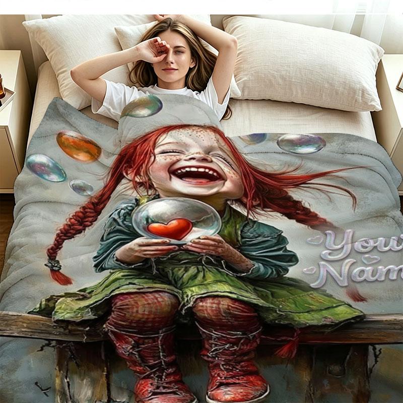 1PC Pippi Longstocking Custom Name Patterned Flannel Blanket Suitable For All Seasons for Home Decor Warmth and Comfort Gifts Holiday Present