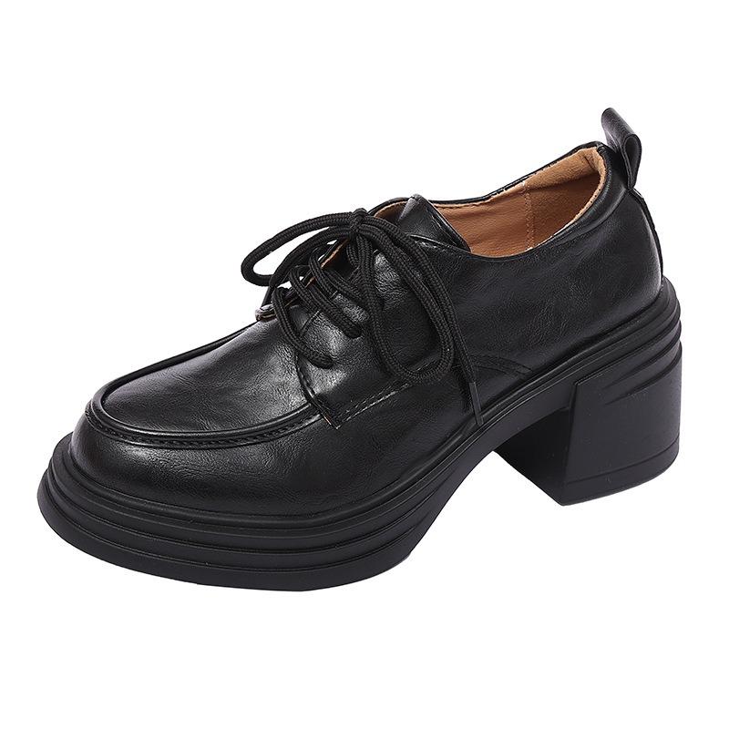 Sheepskin version~ retro round head lace-up thick heel single shoes commuting versatile black small leather shoes women