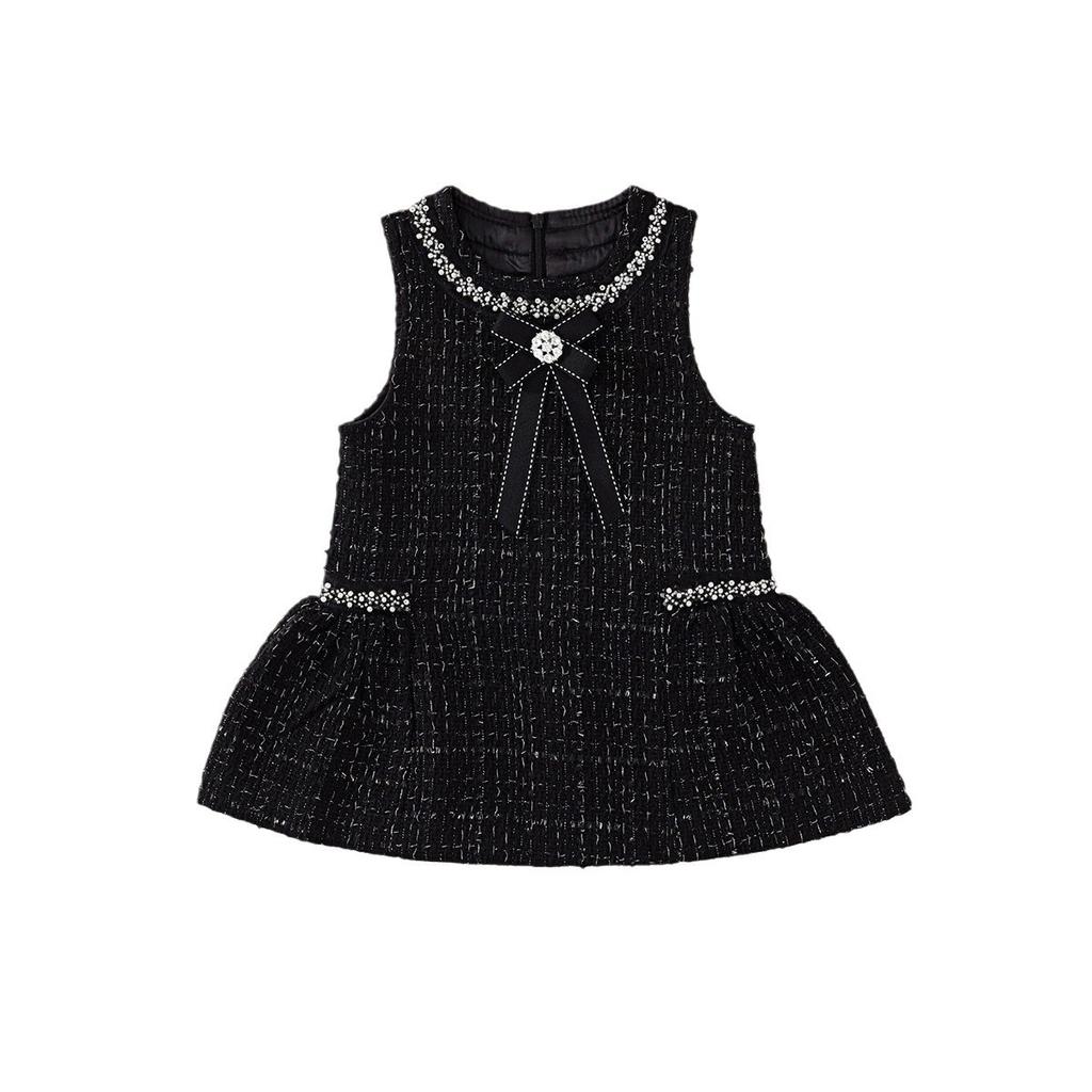 Mädchen Kleidung Ärmellose Weste Kleid Frühling Neu Kinder Leichter Luxus Schwarzer Strass Schwarzes Kleid