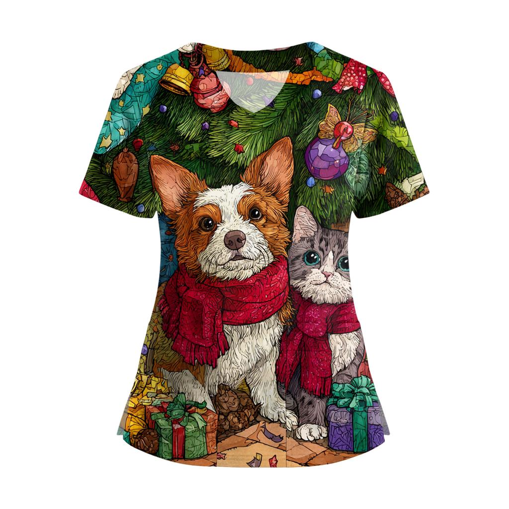 Damski T-shirt z krótkim rękawem z nadrukiem świątecznym, dekoltem w serek, zapinany na guziki z rozcięciem z boku